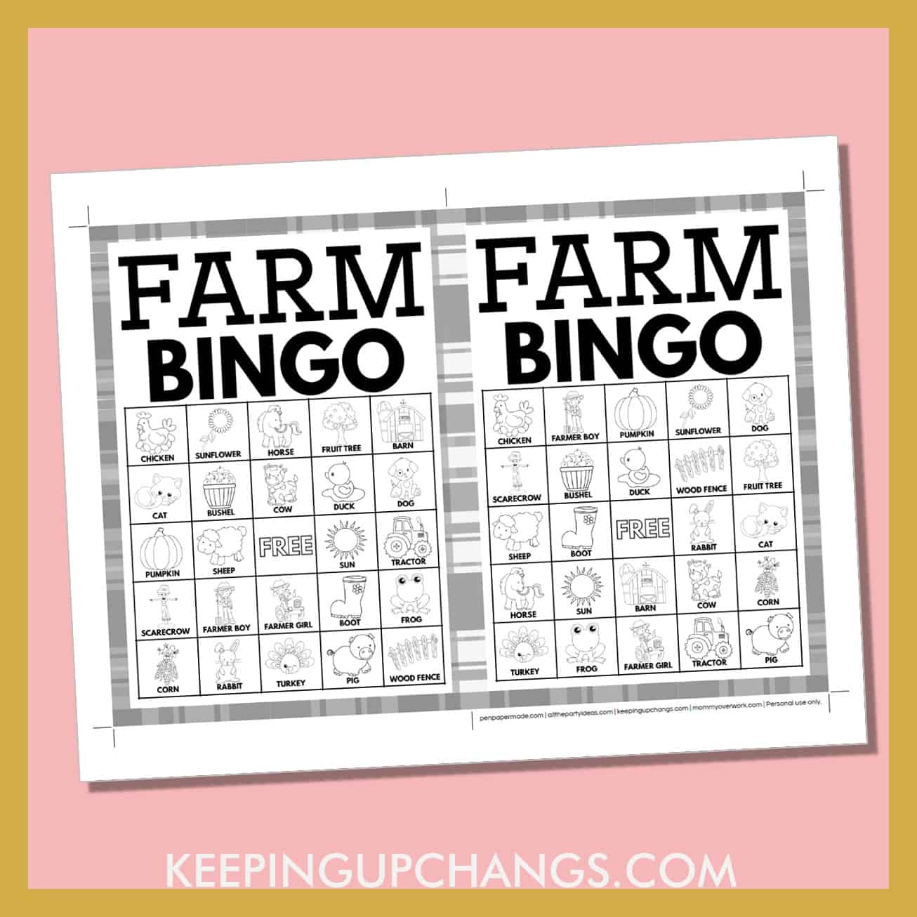 free farm bingo card 5x5 5x7 game boards with black, white images and text words.