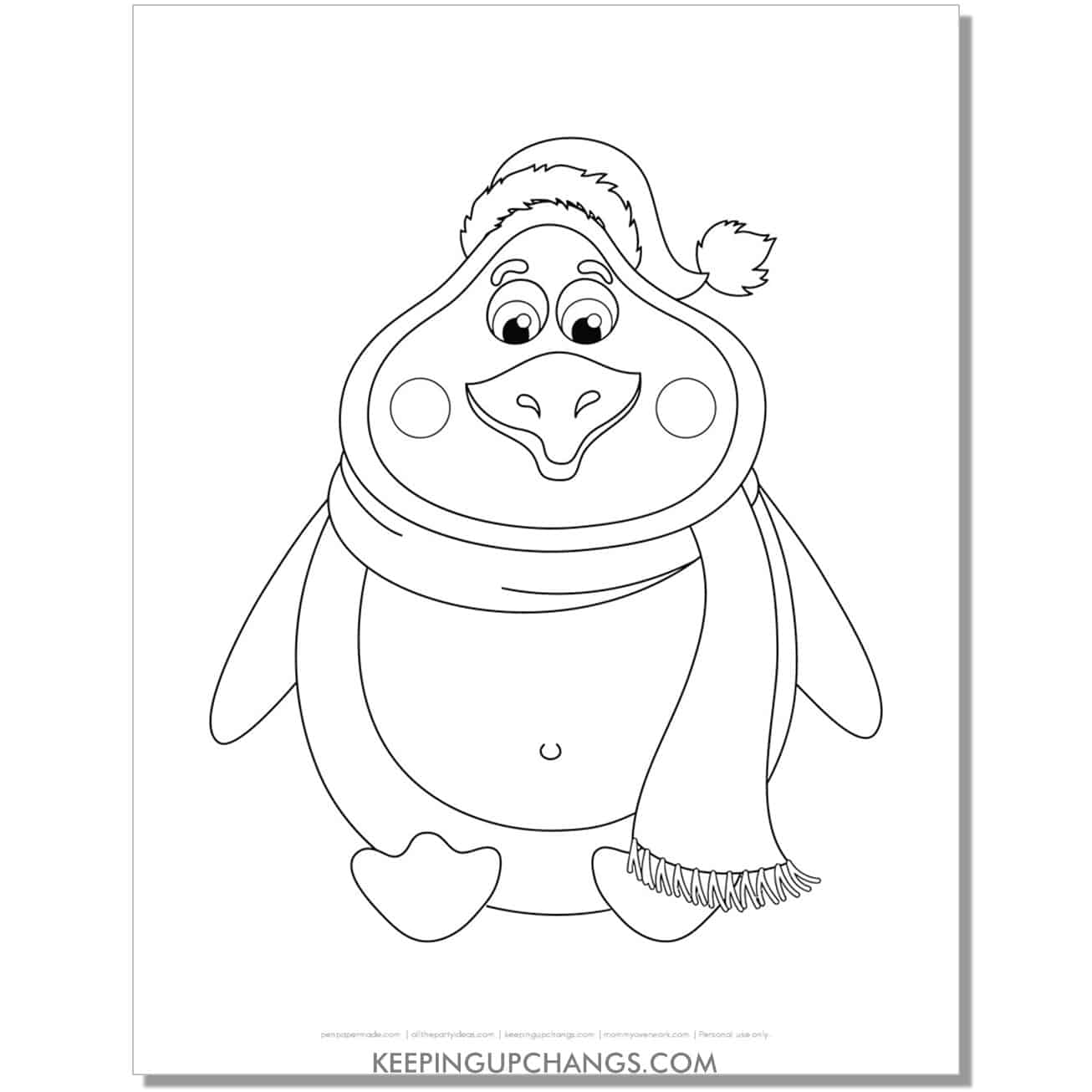 free large, funny penguin with scarf, hat coloring page.