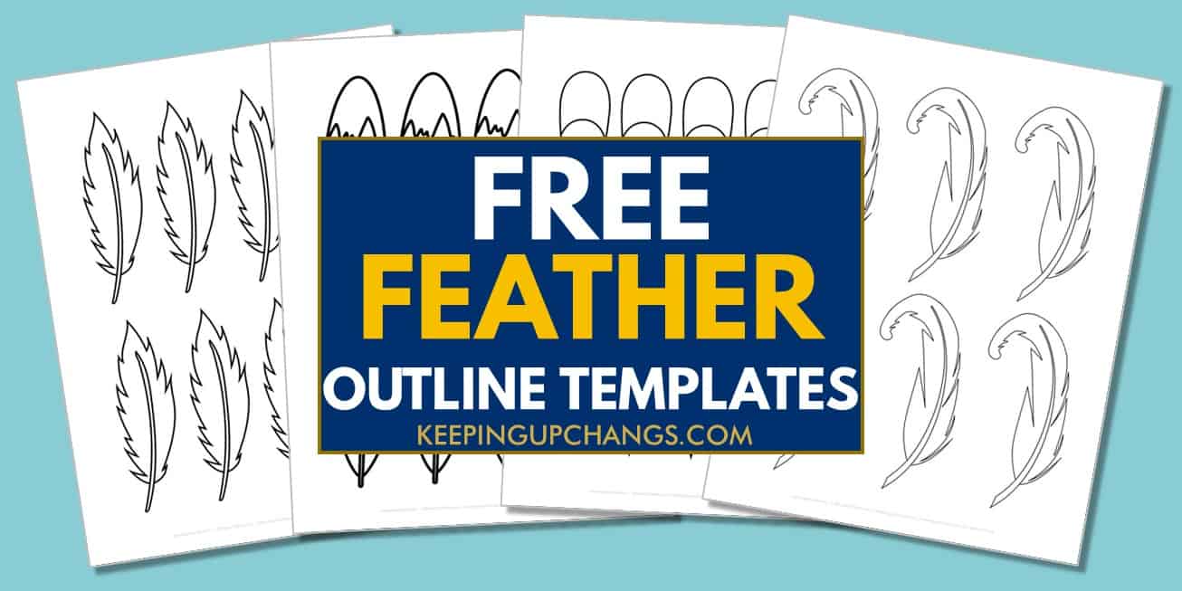 spread of free feather template for coloring, cut out outline, and tracing stencils.