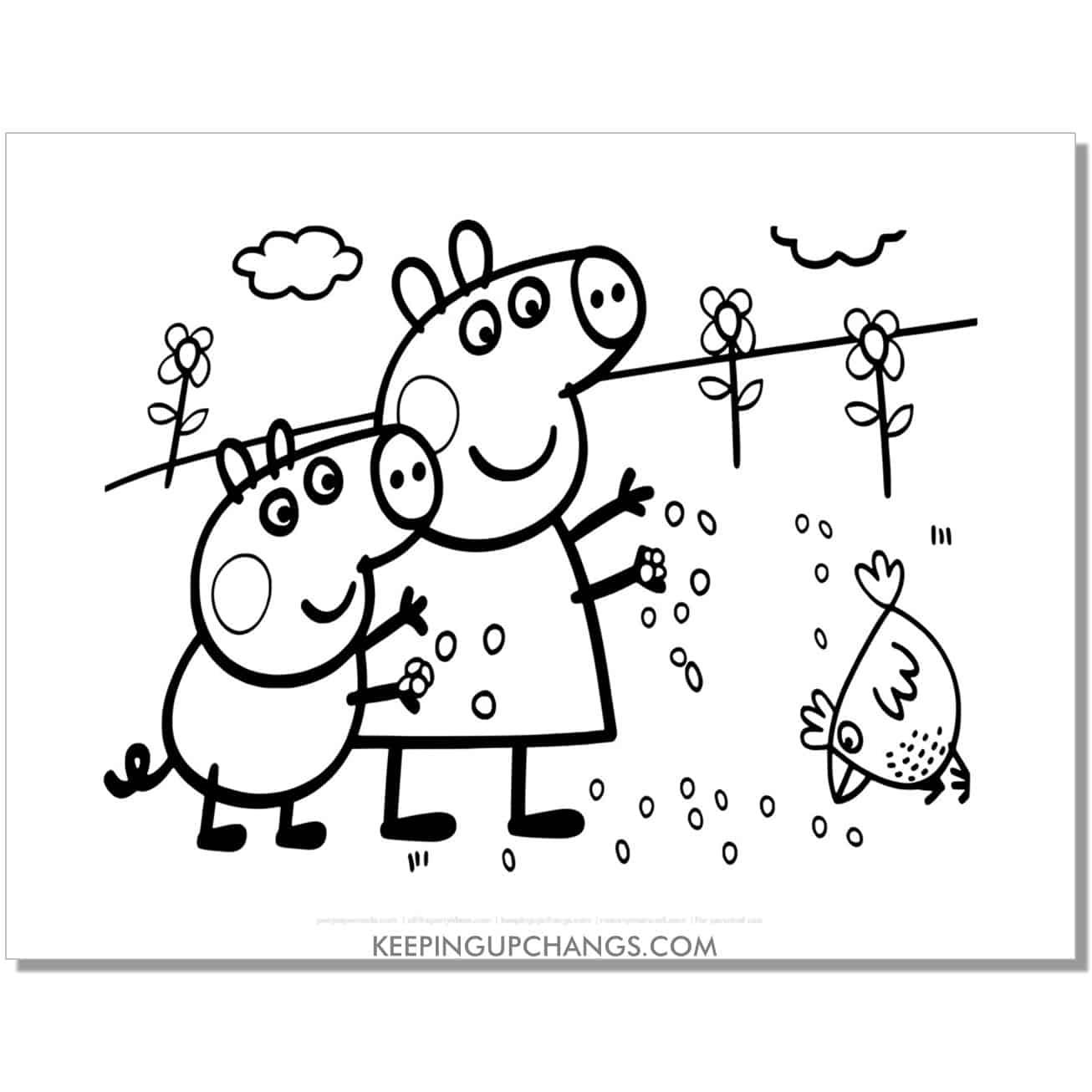 free george and peppa pig feeding chicken coloring page, sheet.