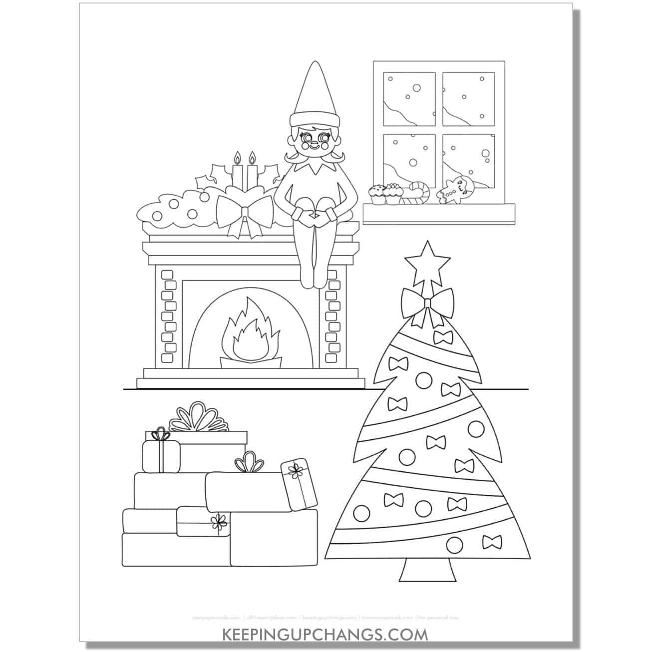 free elf on the shelf female girl on fireplace mantle with tree, presents coloring page.
