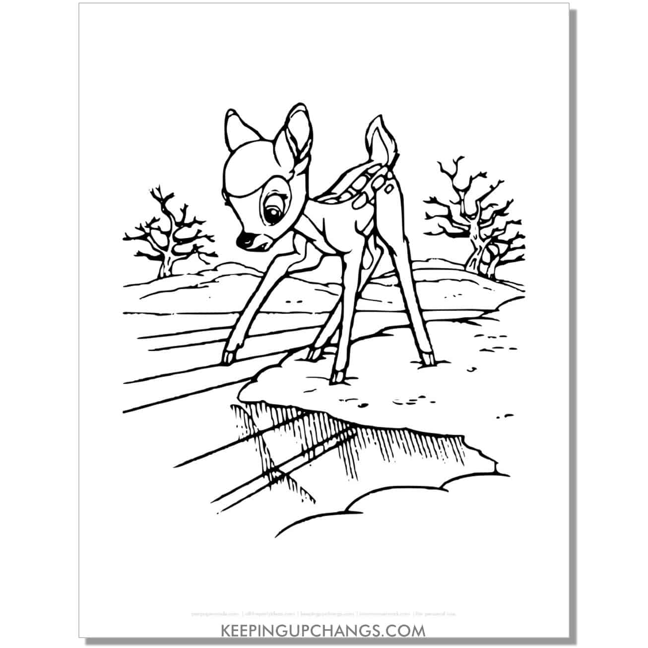 free bambi looking at reflection in ice coloring page, sheet.