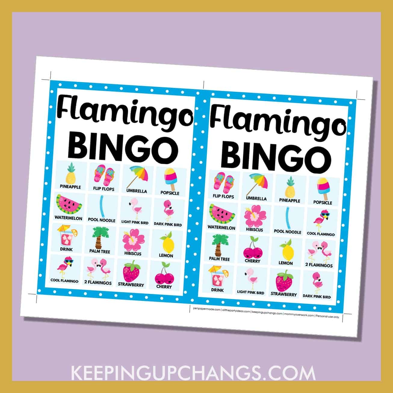 free flamingo bingo card 4x4 5x7 game boards with images and text words.