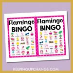 free flamingo bingo card 5x5 5x7 game boards with images and text words.