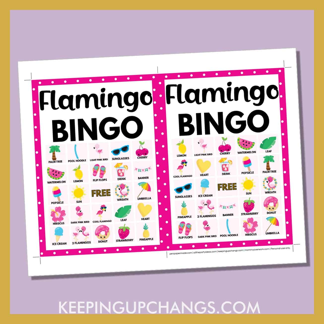 free flamingo bingo card 5x5 5x7 game boards with images and text words.