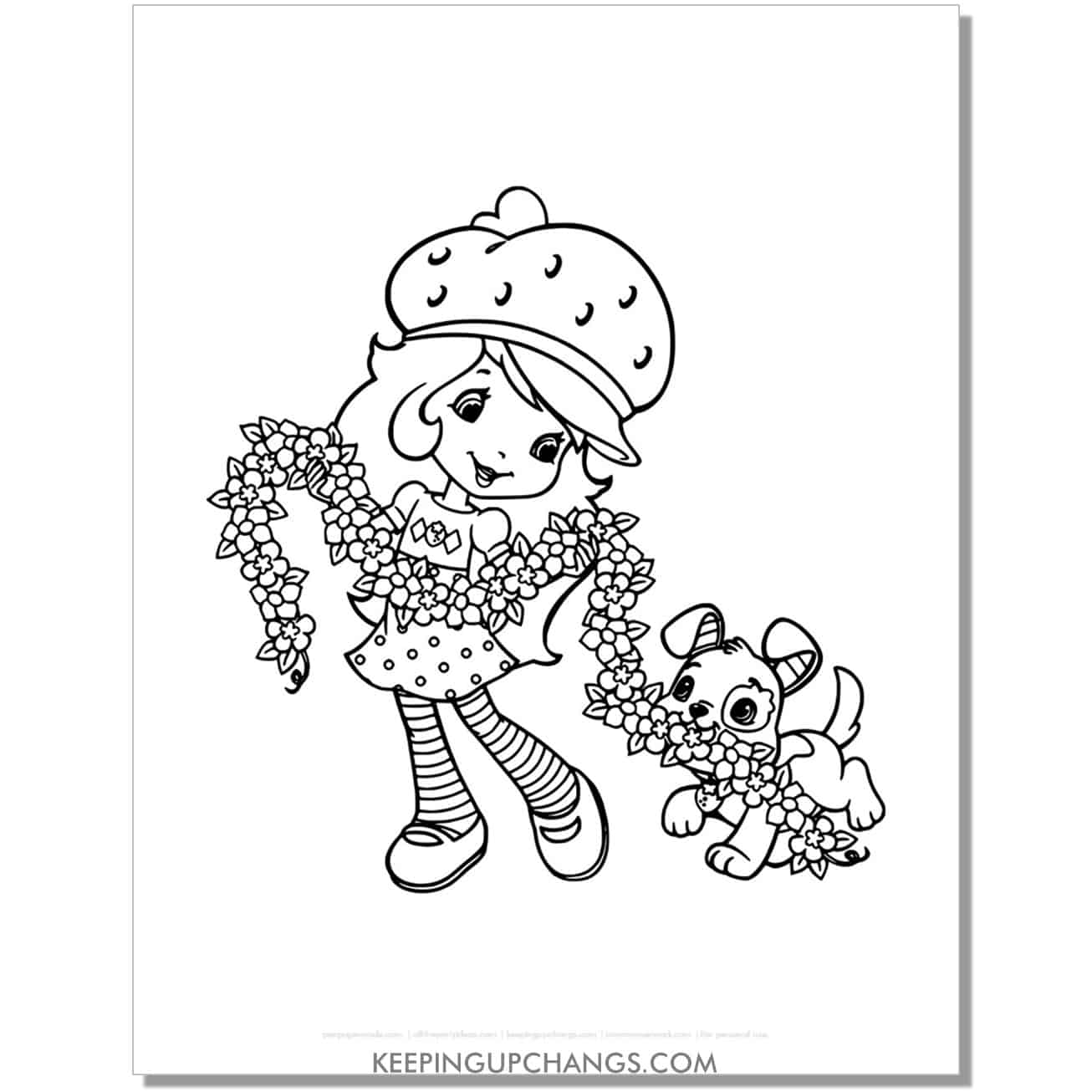 free flower garland strawberry shortcake coloring page, sheet.
