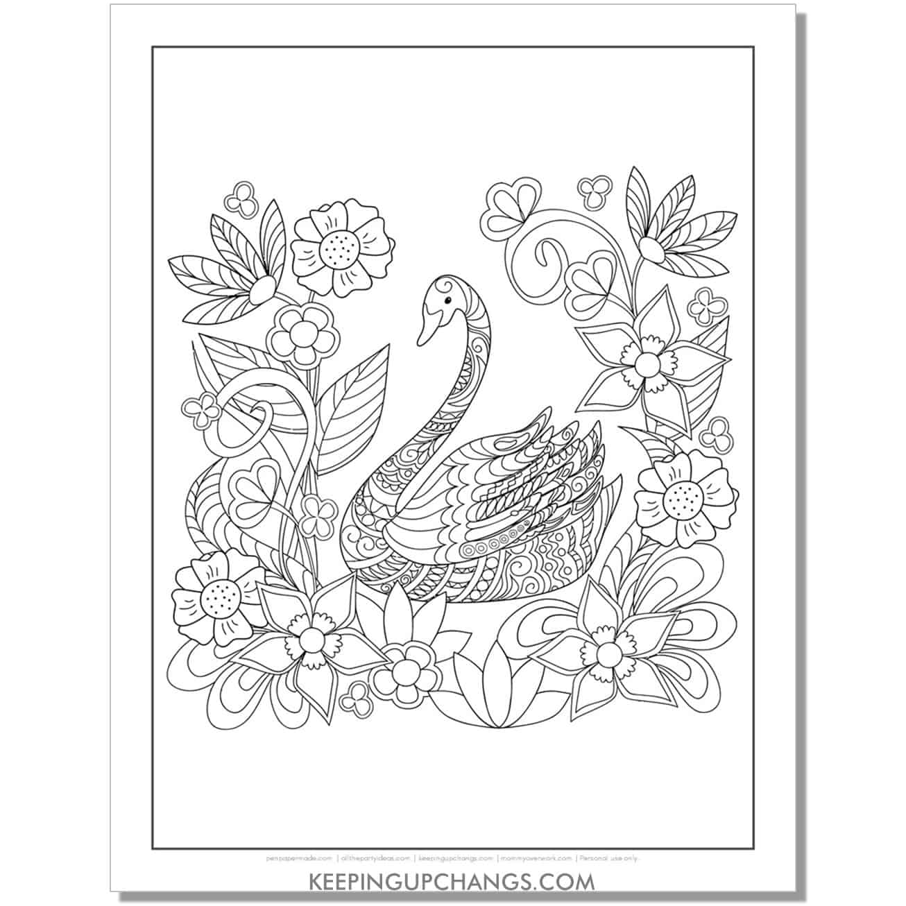 calm, floral swan coloring page for stress relief.