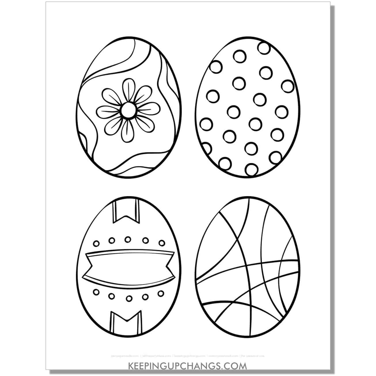 free medium easter eggs with flower, dots, abstract lines coloring page, sheet.