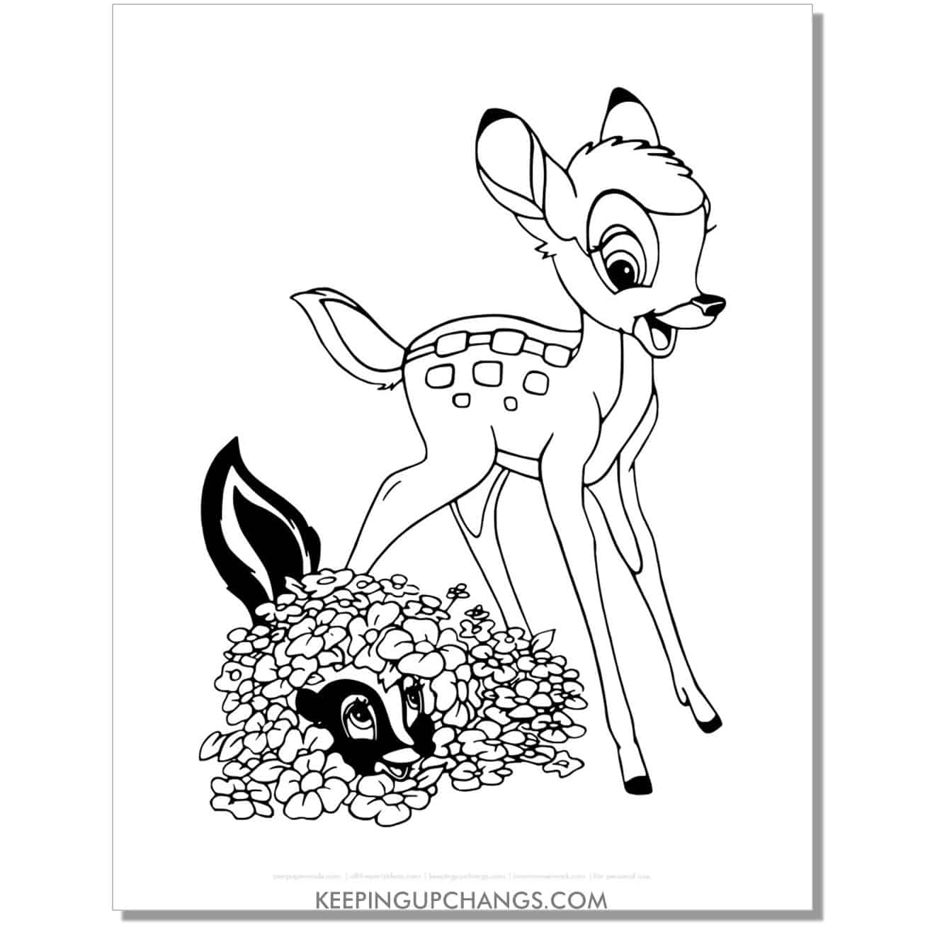 free bambi and skunk flower coloring page, sheet.