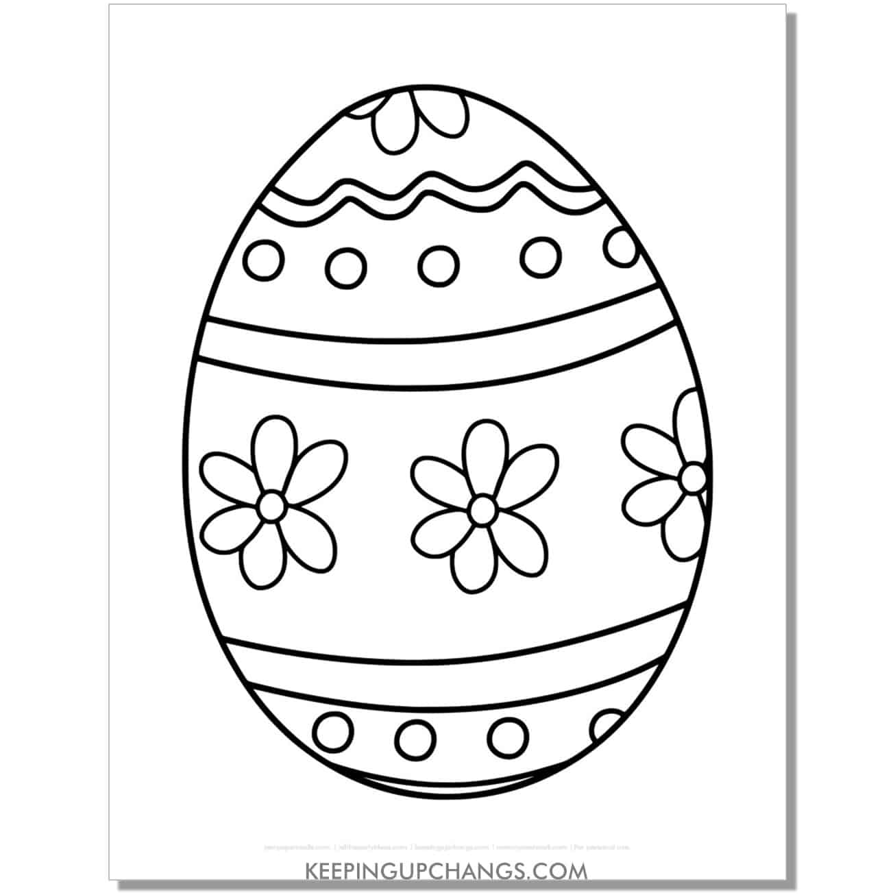 free large easter egg with flower petals and dots coloring page, sheet.