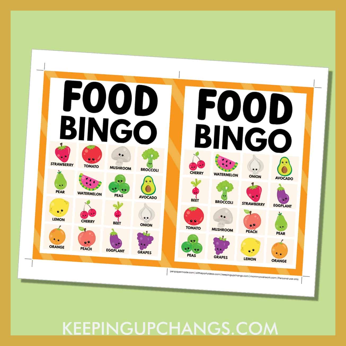 free food bingo card 4x4 5x7 game boards with images and text words.