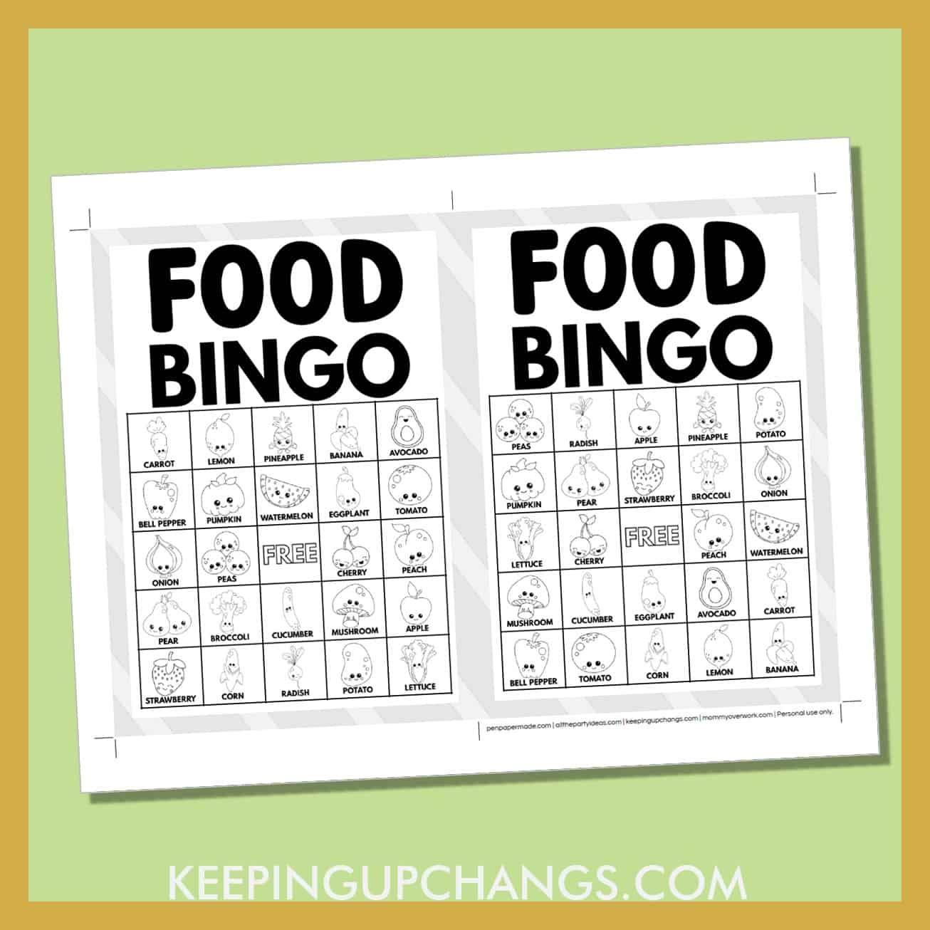 free food bingo card 5x5 5x7 game boards with black, white images and text words.