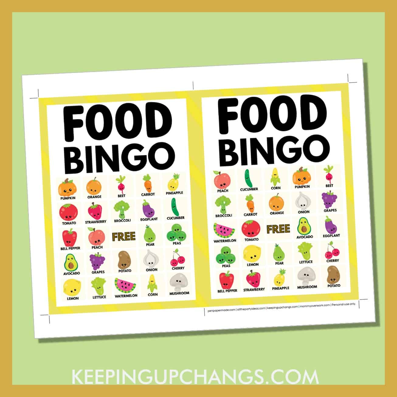 free food bingo card 5x5 5x7 game boards with images and text words.