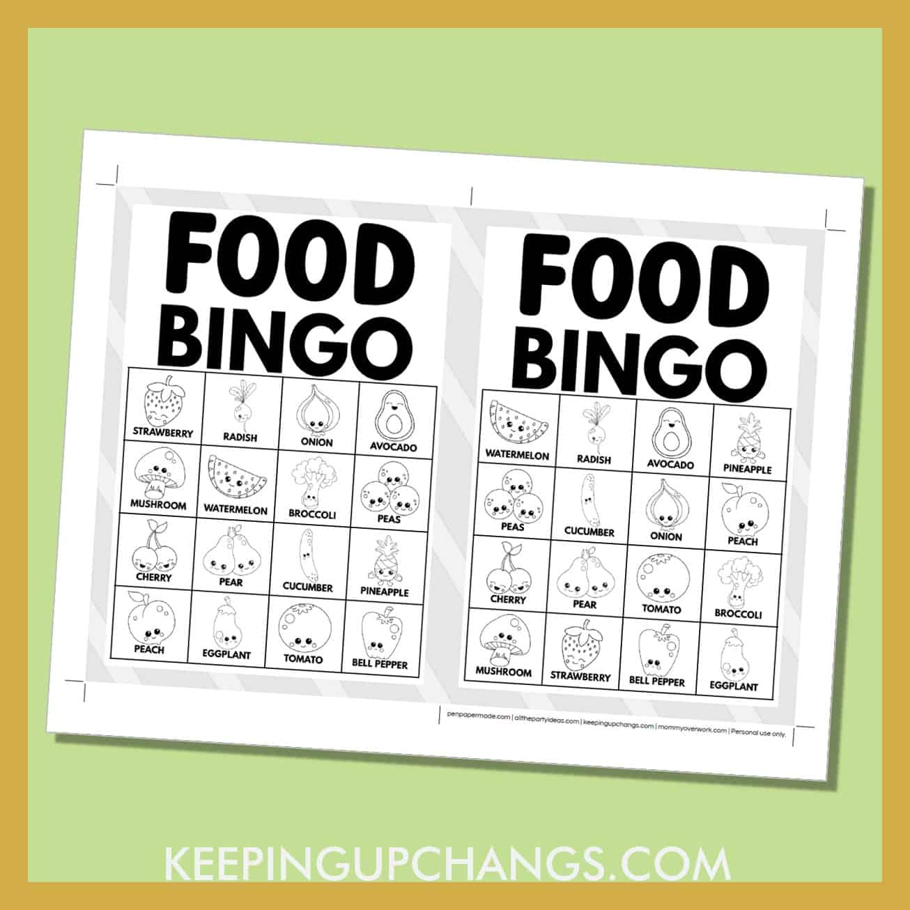 free food bingo card 4x4 5x7 game boards with black, white images and text words.