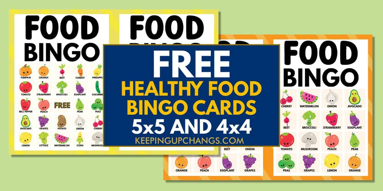free healthy foods bingo cards 5x5 4x4 for birthday party, wedding, baby shower.