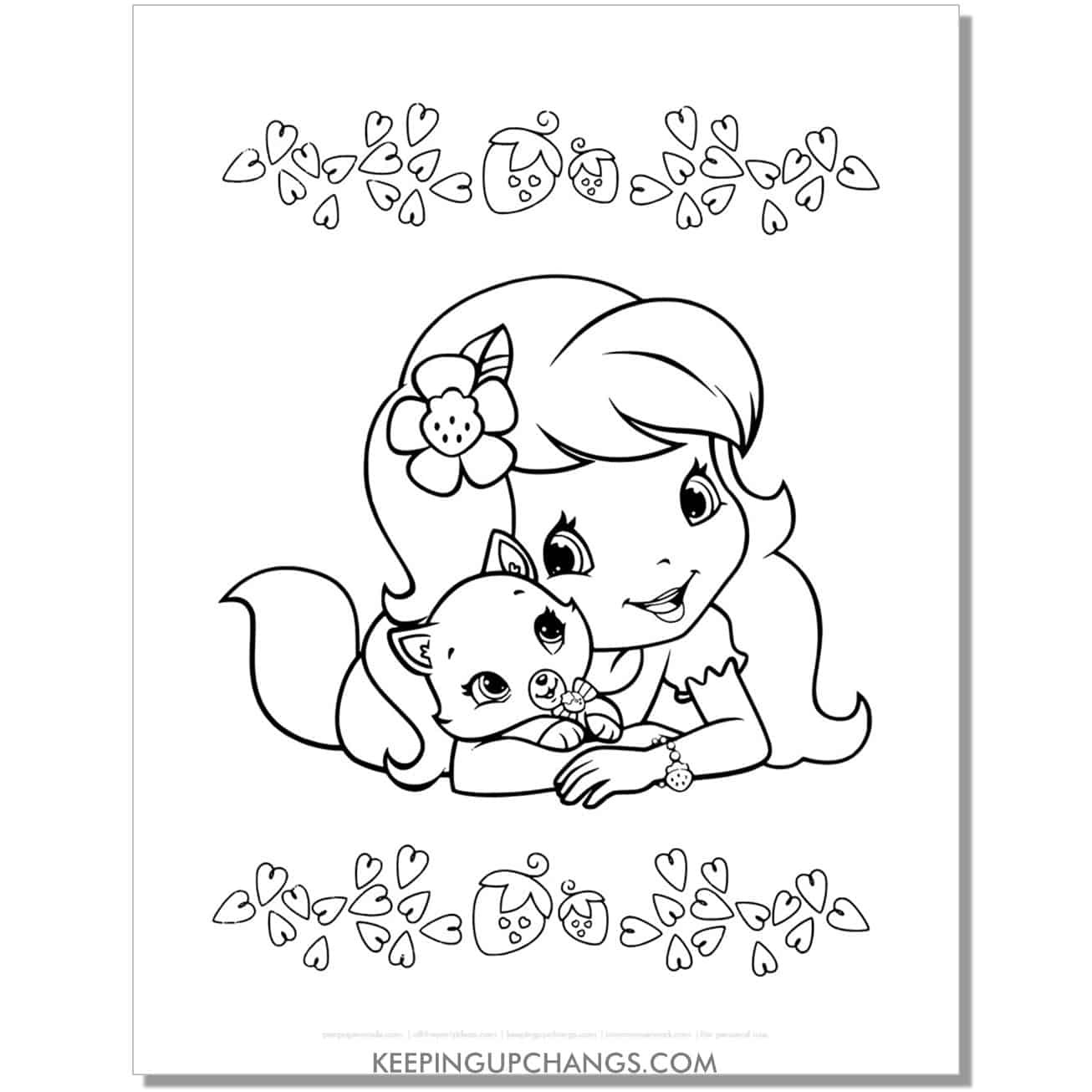 free strawberry shortcake with cat custard coloring page, sheet.