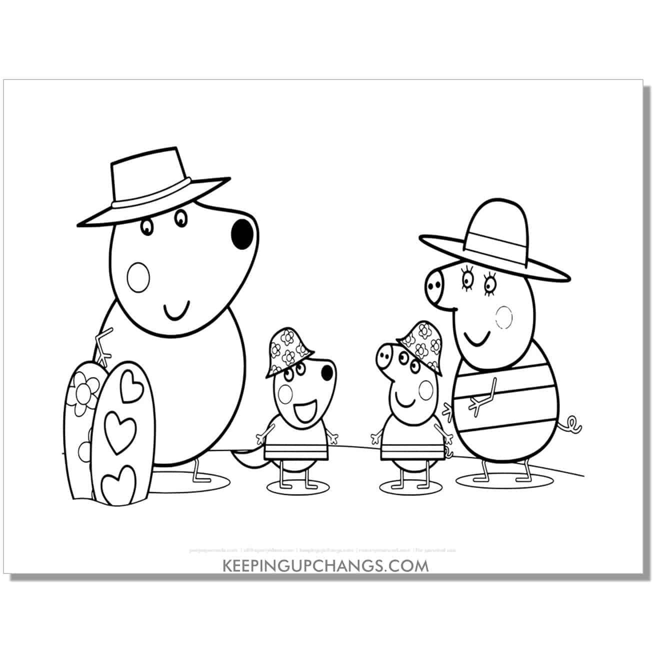 free freddy fox and father, peppa, mummy pig coloring page, sheet.