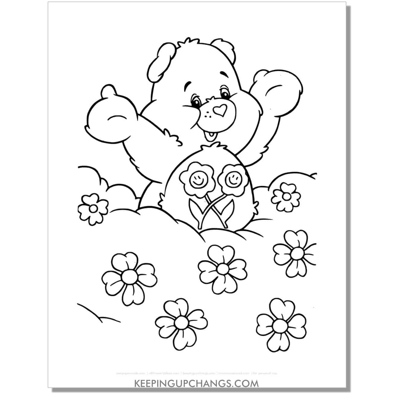 friend bear in field of daisies care bear coloring page, sheet.