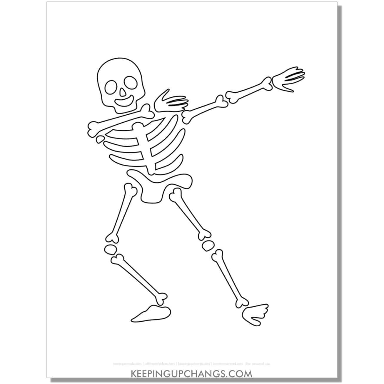 free dancing, dabbing, friendly skeleton coloring page.