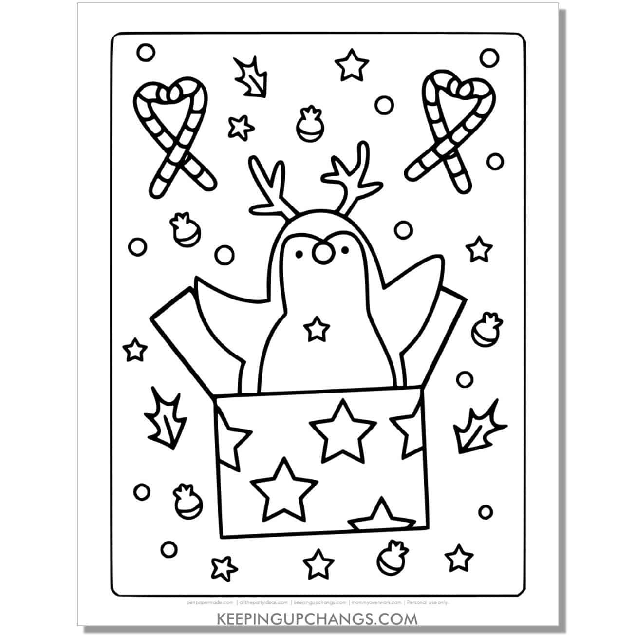 free full size present and penguin coloring page.