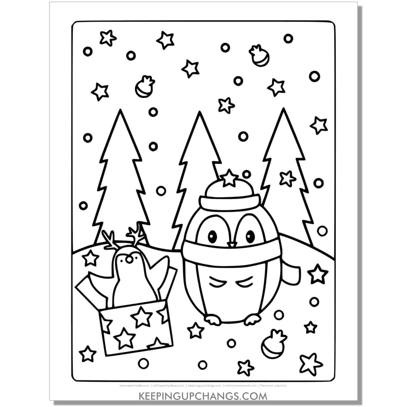 free full size present and winter penguin coloring page.