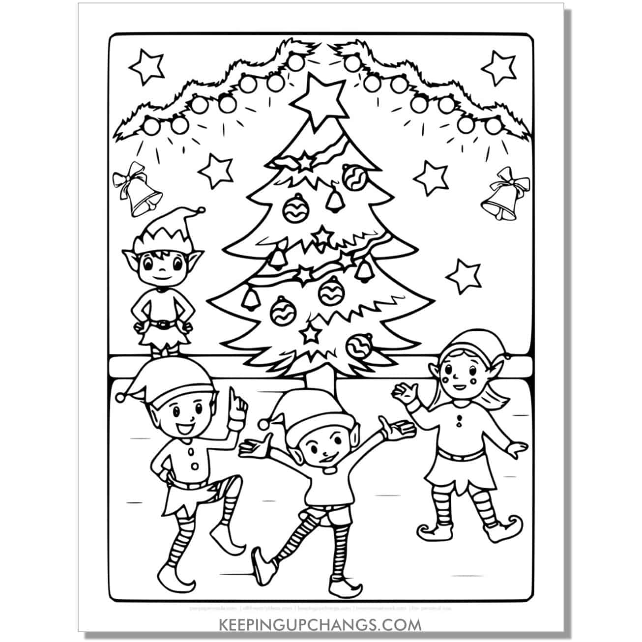 free full size christmas tree with elves coloring page.