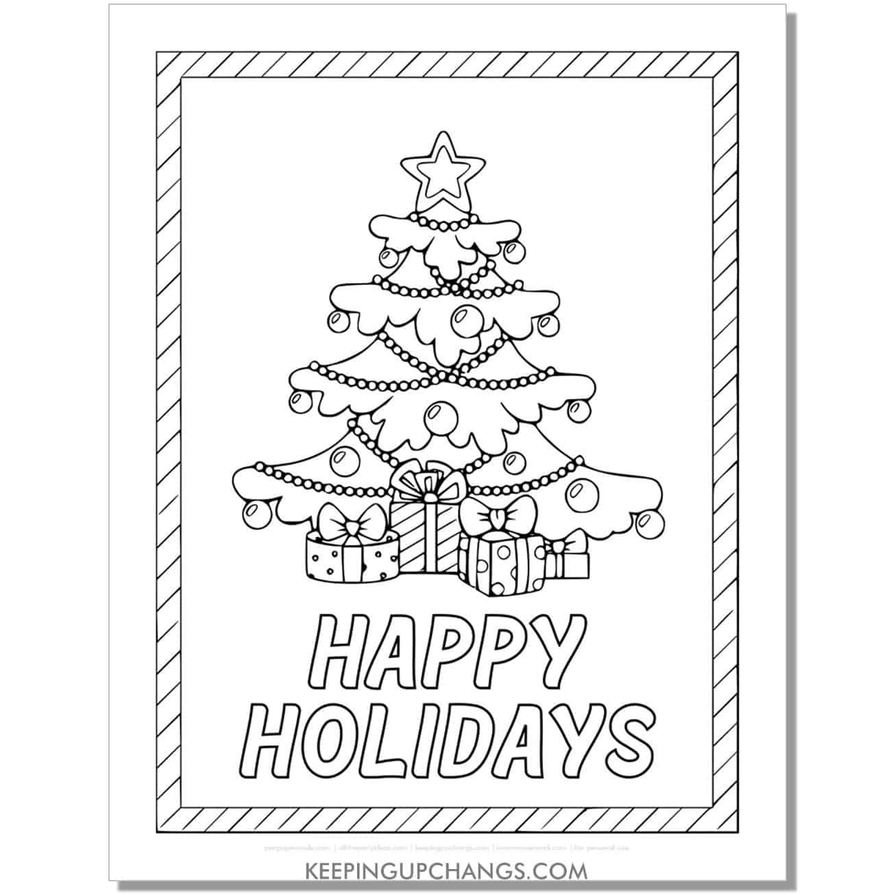 free happy holidays christmas tree with border coloring page.