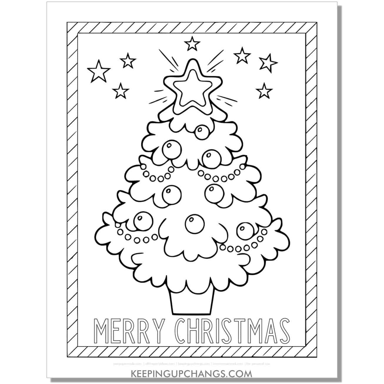 free merry christmas tree with border coloring page.