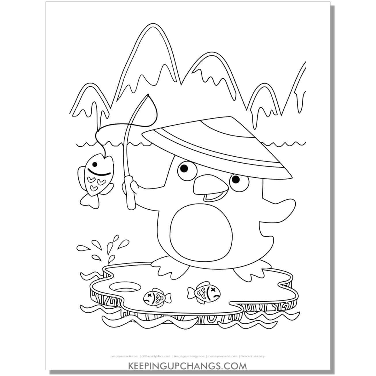free penguin fishing in asia coloring page.