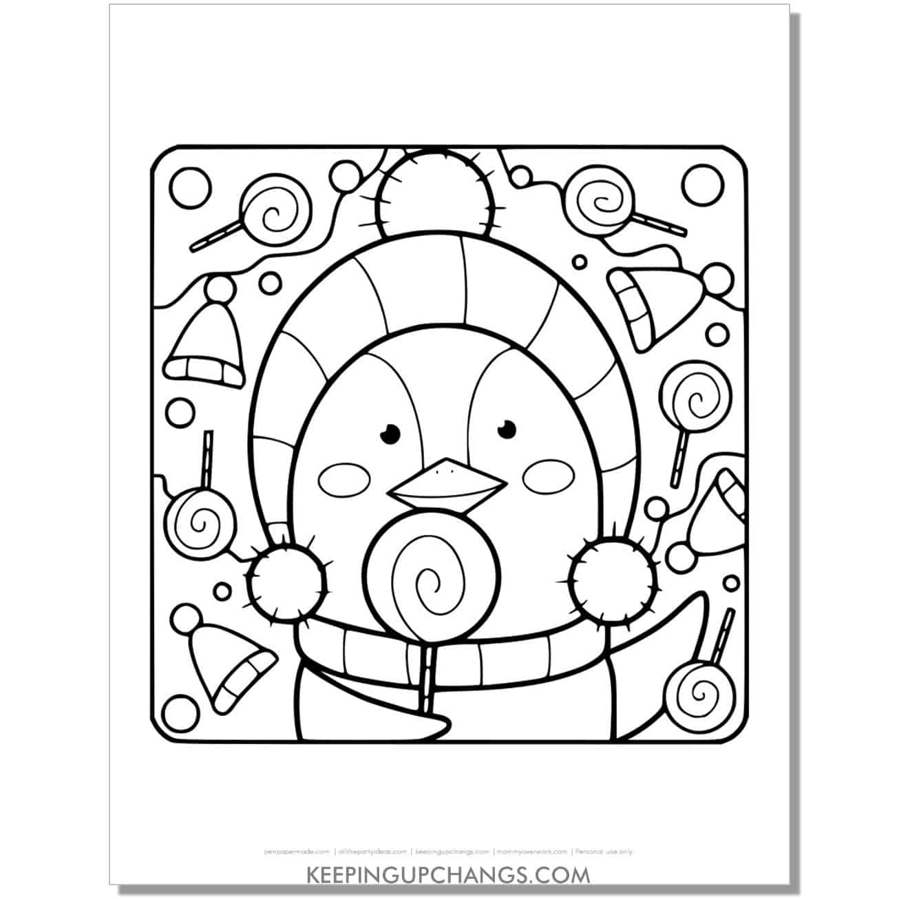 free detailed christmas penguin with hats and lollipops coloring page.