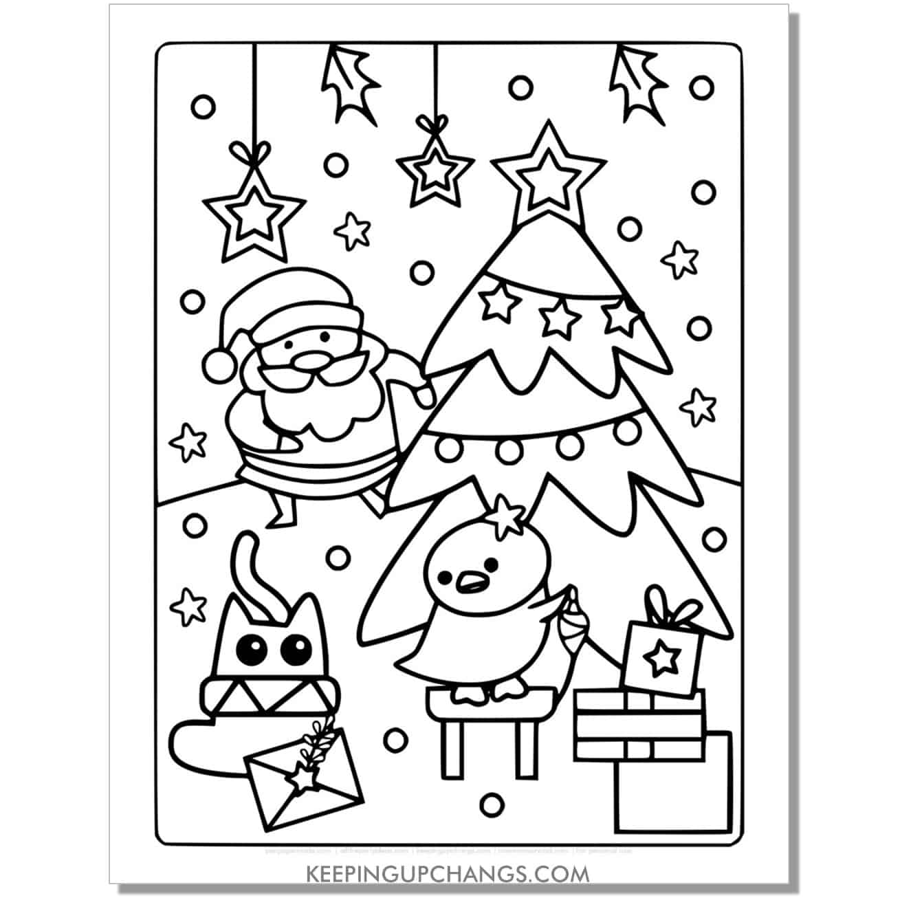 free full size santa, bird, cat christmas tree coloring page.