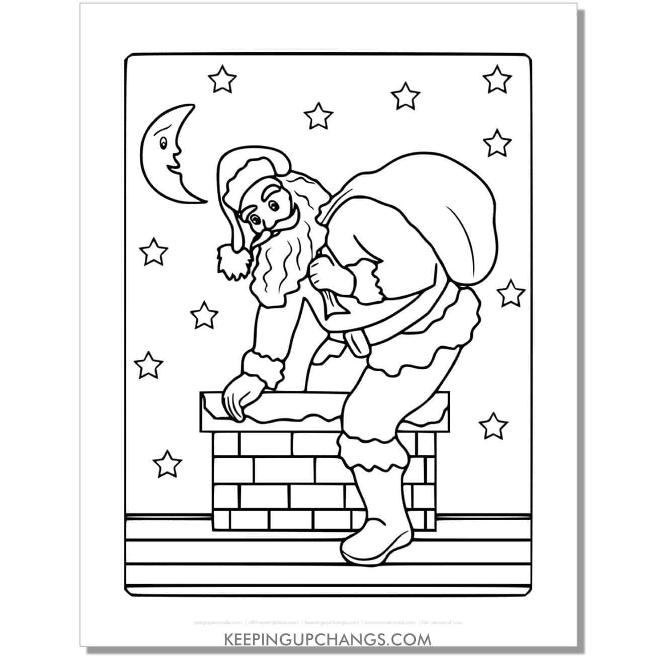 free full size santa heading down chimney coloring page.
