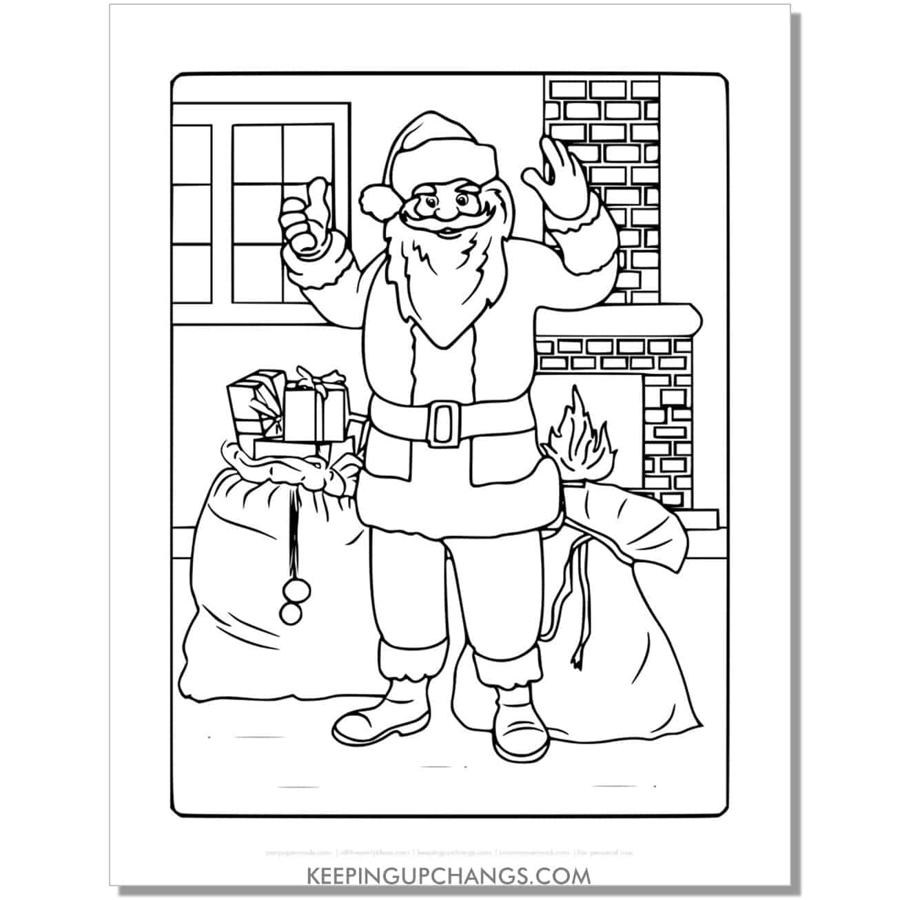 free full size santa with sack of toys by fireplace coloring page.