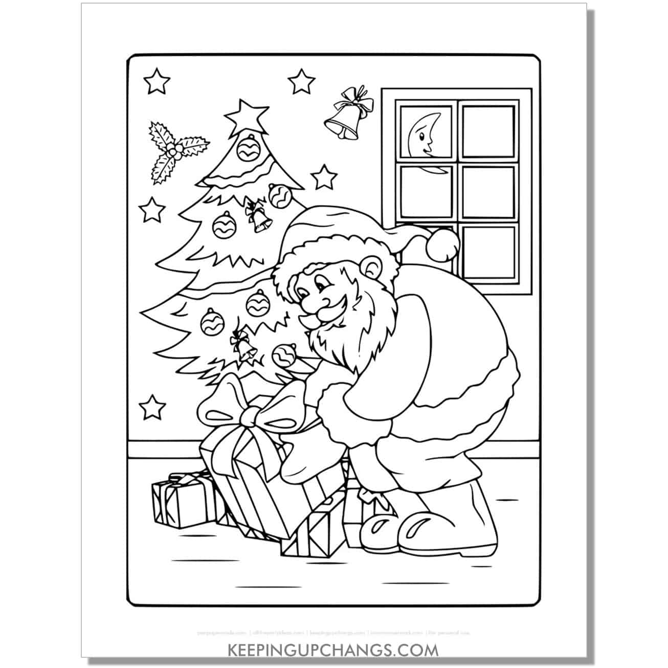free full size santa putting present under tree coloring page.