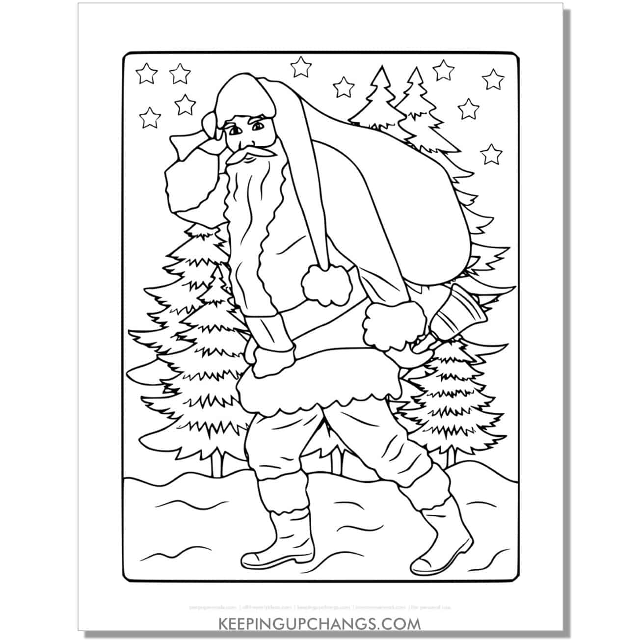 free full size santa in pine tree forest coloring page.
