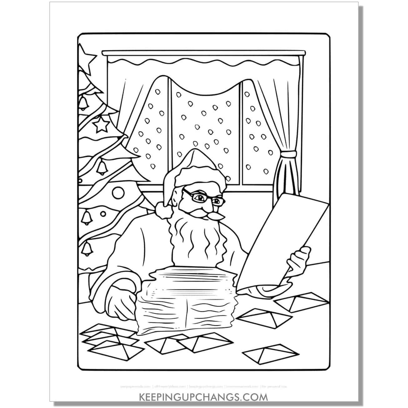 free full size santa reading letters coloring page.