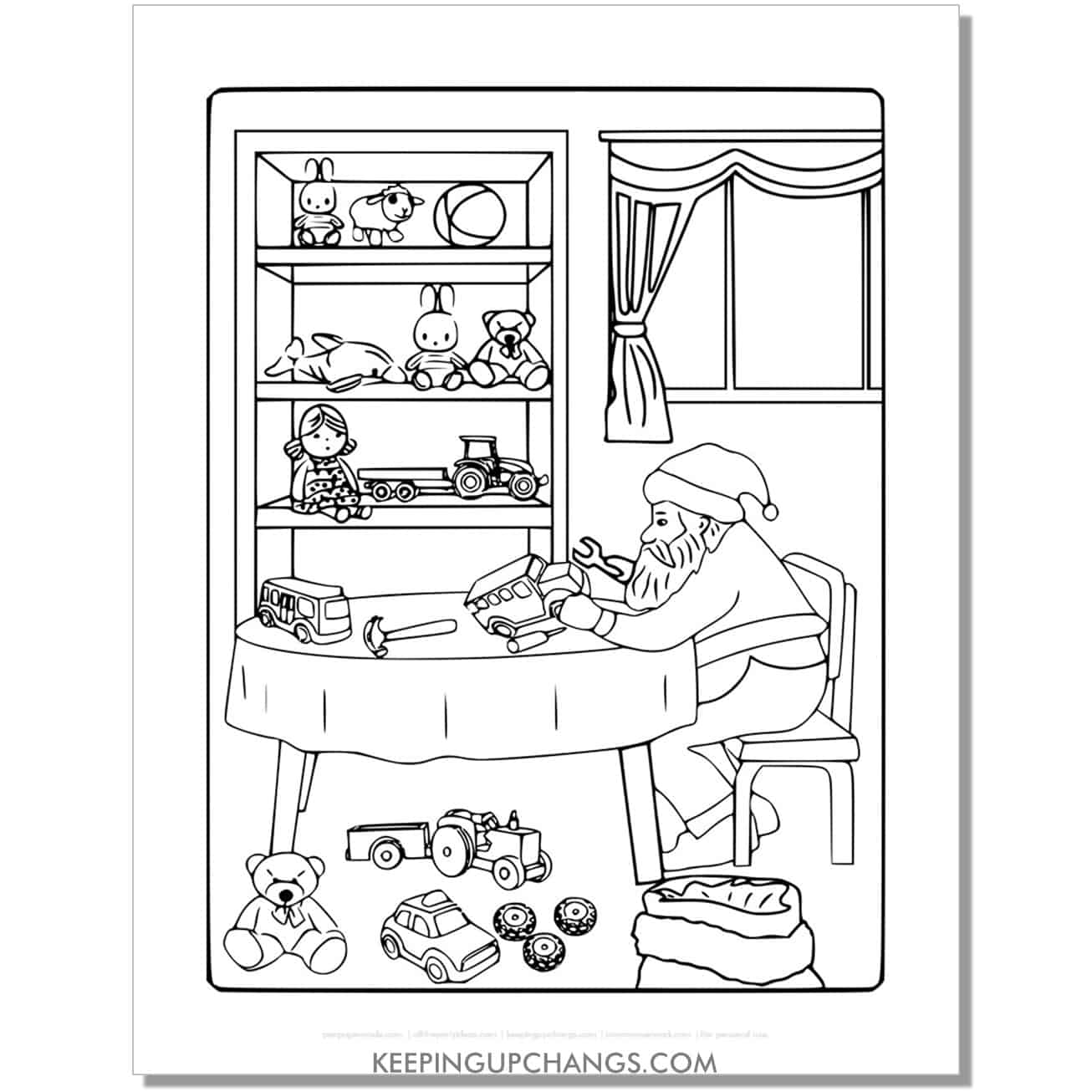 free full size santa making toys in workshop coloring page.