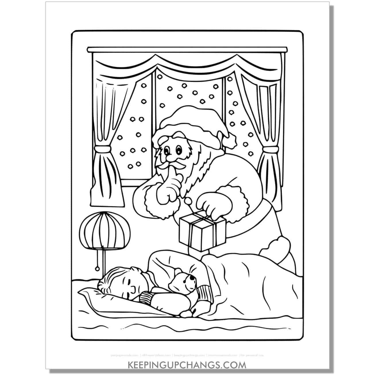 free full size santa with kids sleeping coloring page.
