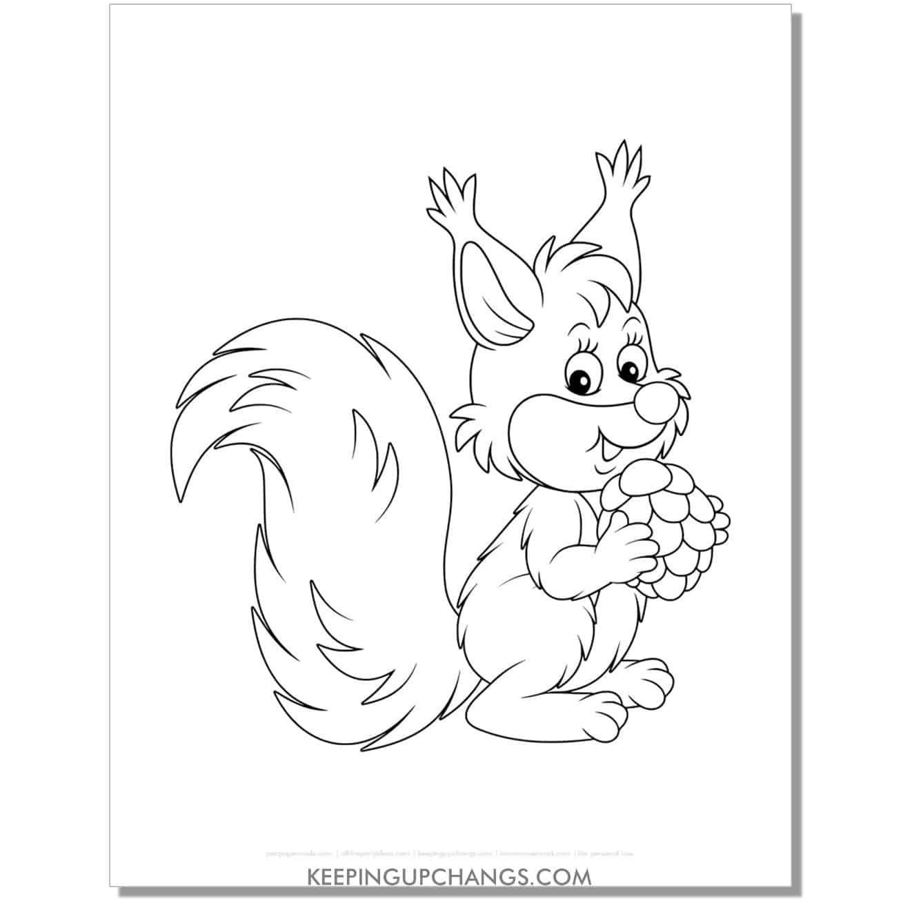 free cute cartoon squirrel coloring page, sheet.