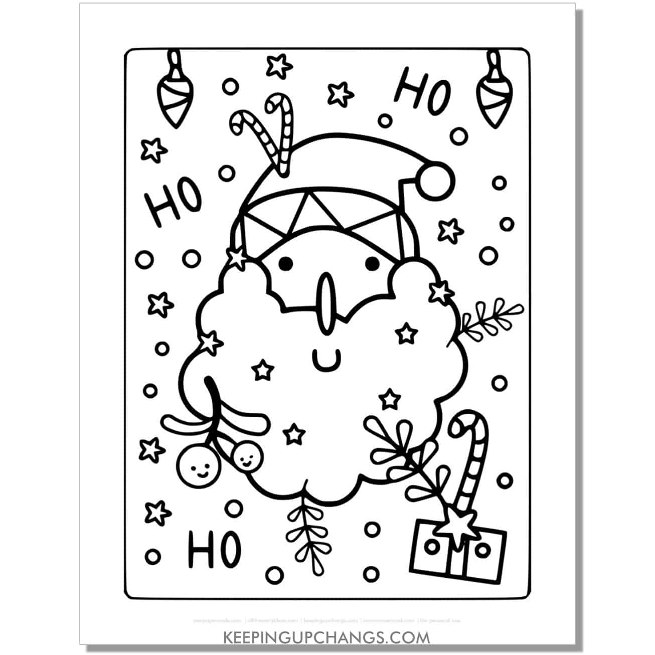 free fun, detailed santa with hohoho candy canes coloring page.
