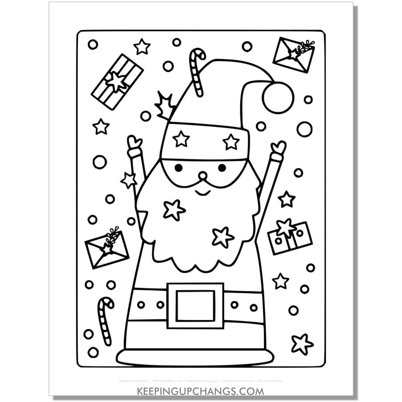 free fun, detailed santa with gifts, letters coloring page.