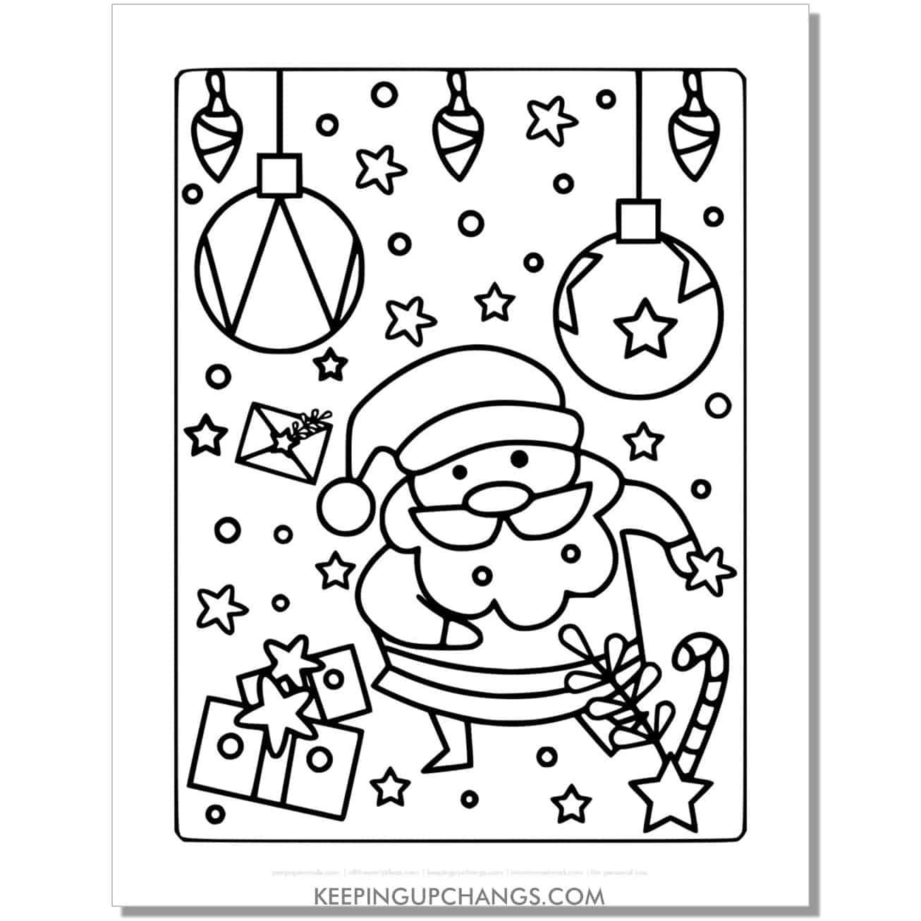 free fun, detailed santa with ornaments, lights coloring page.