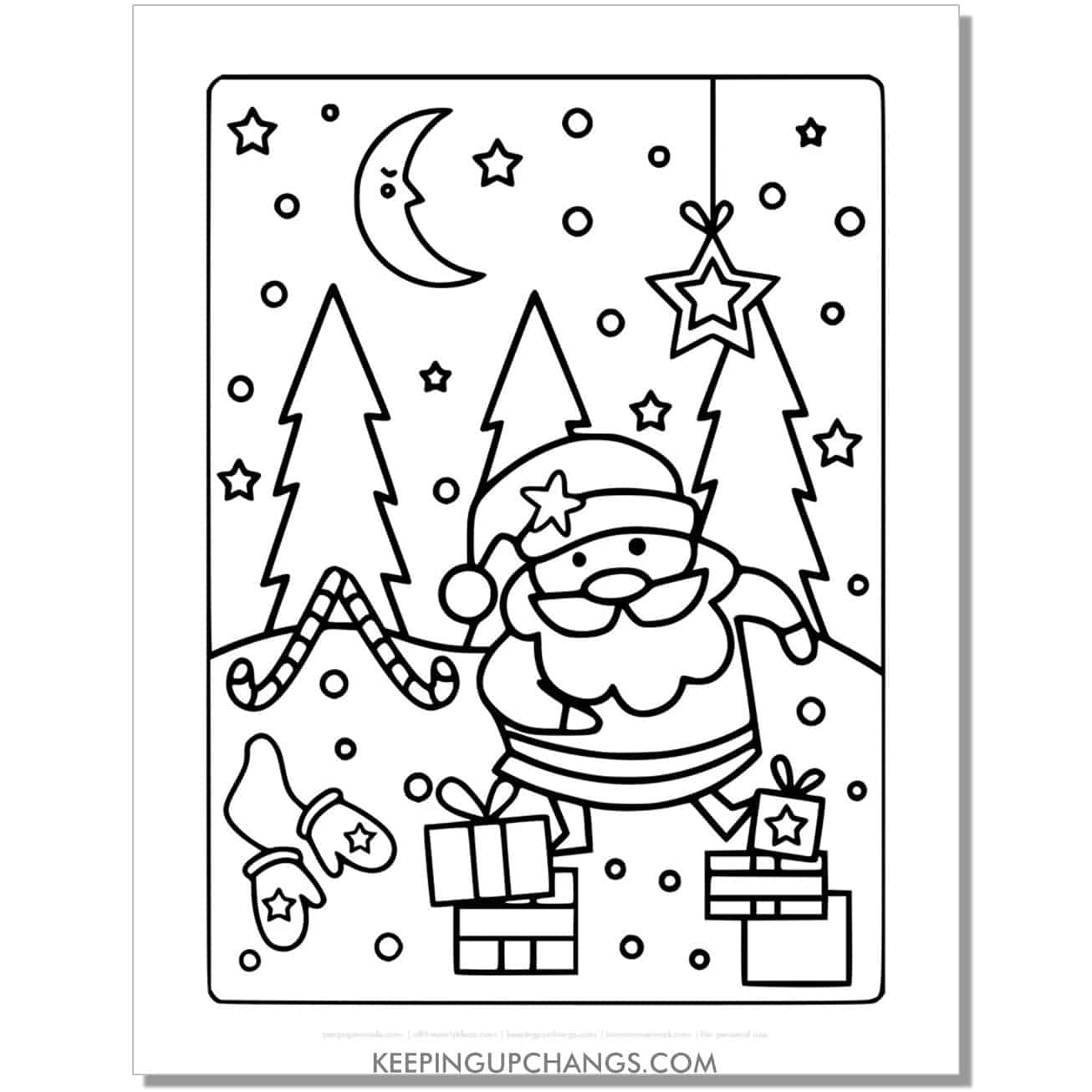 free fun, detailed santa with gifts, trees coloring page.