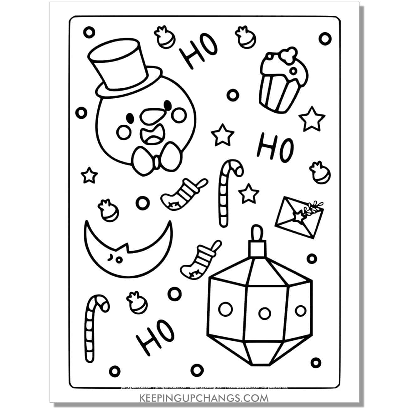 free detailed, full size snowman with stockings, candy canes coloring page.
