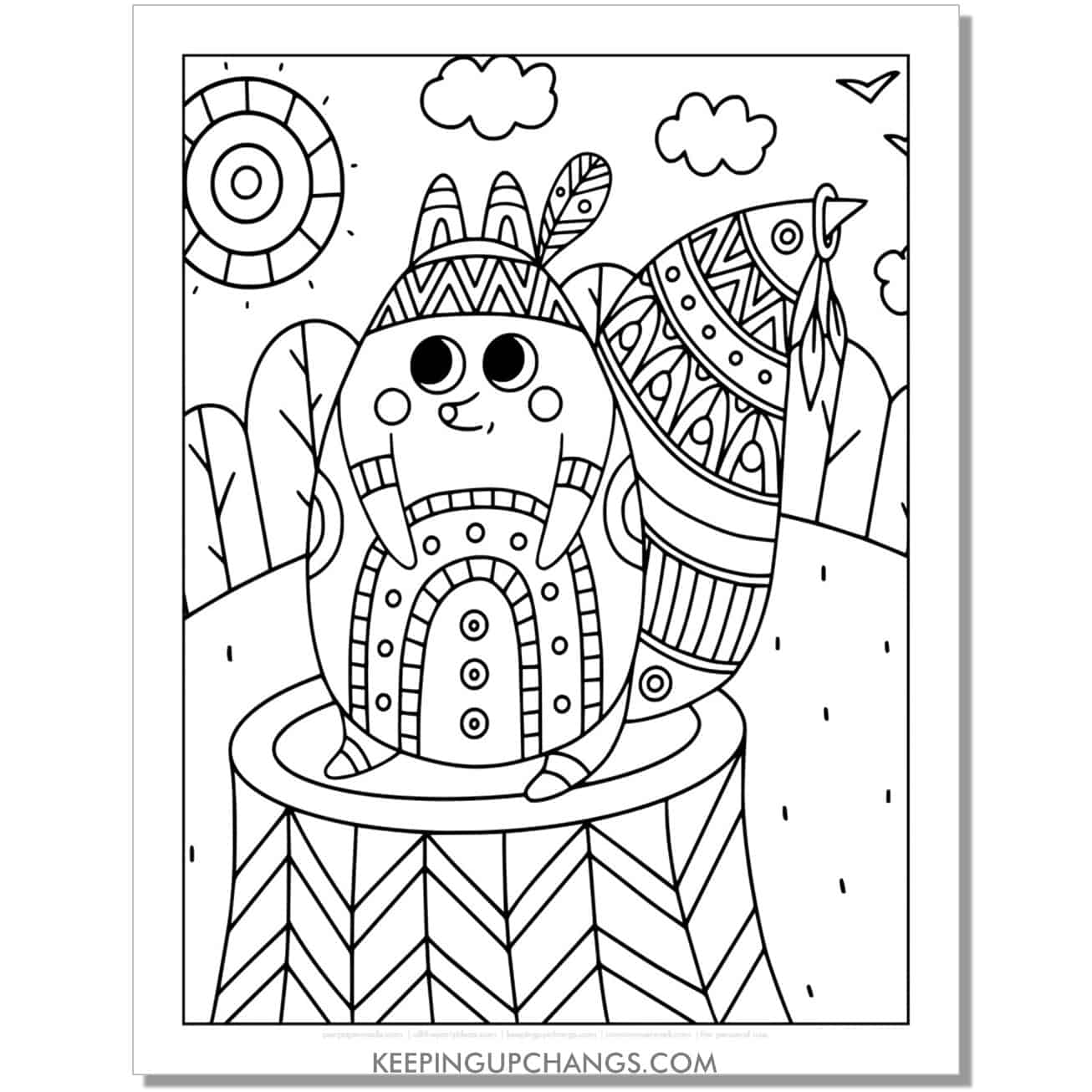 free full page cute tribal squirrel coloring page, sheet.