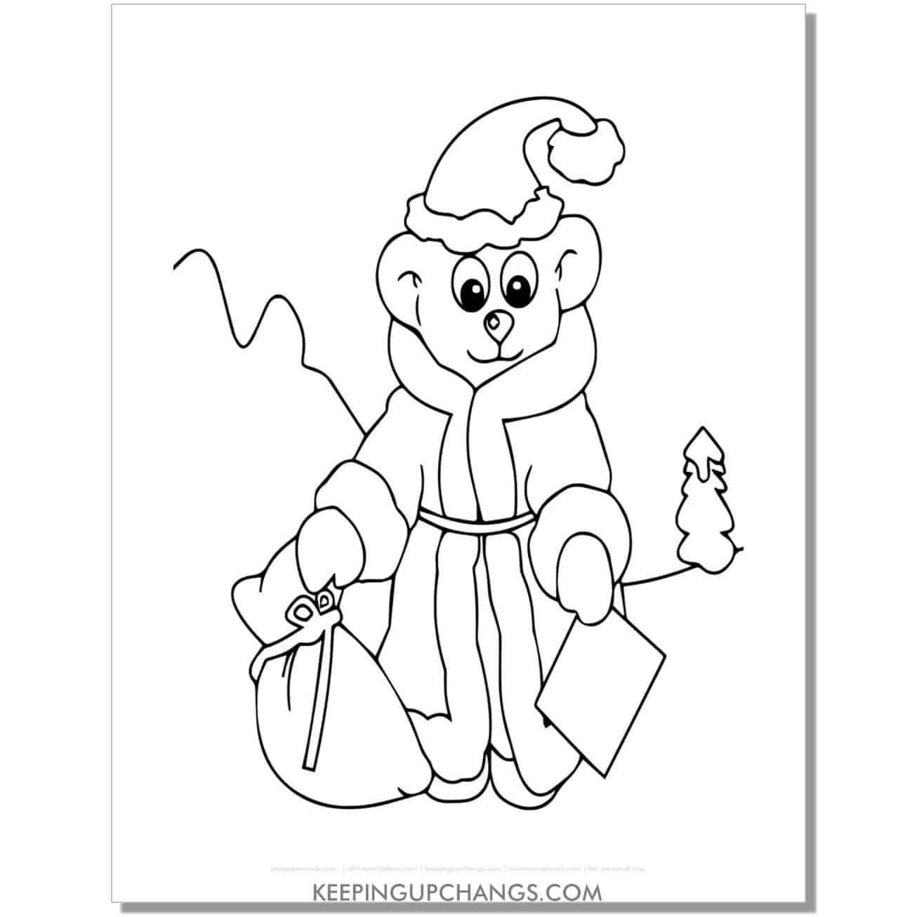 free freehand bear in santa suit christmas animal coloring page.
