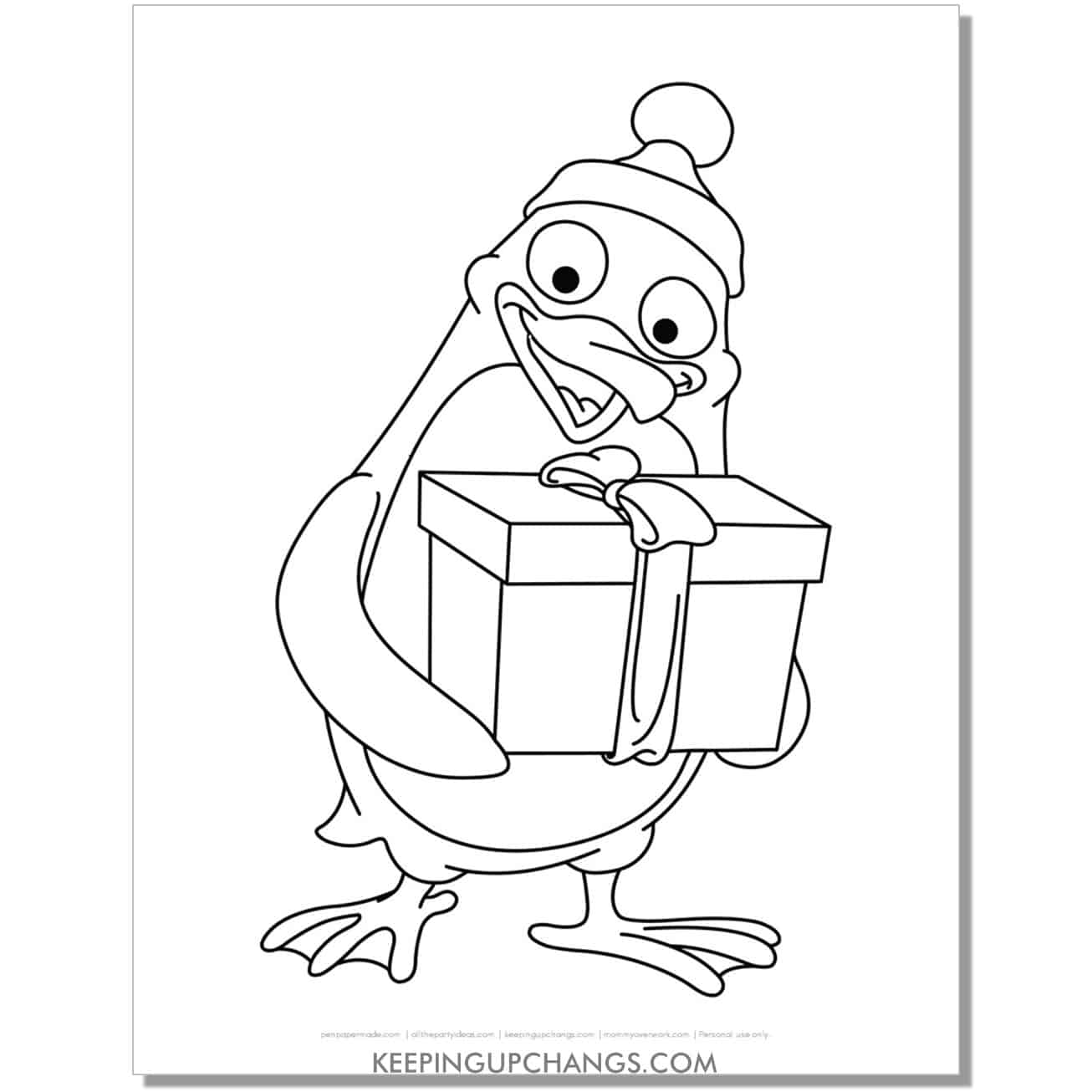 free funny penguin with present coloring page.