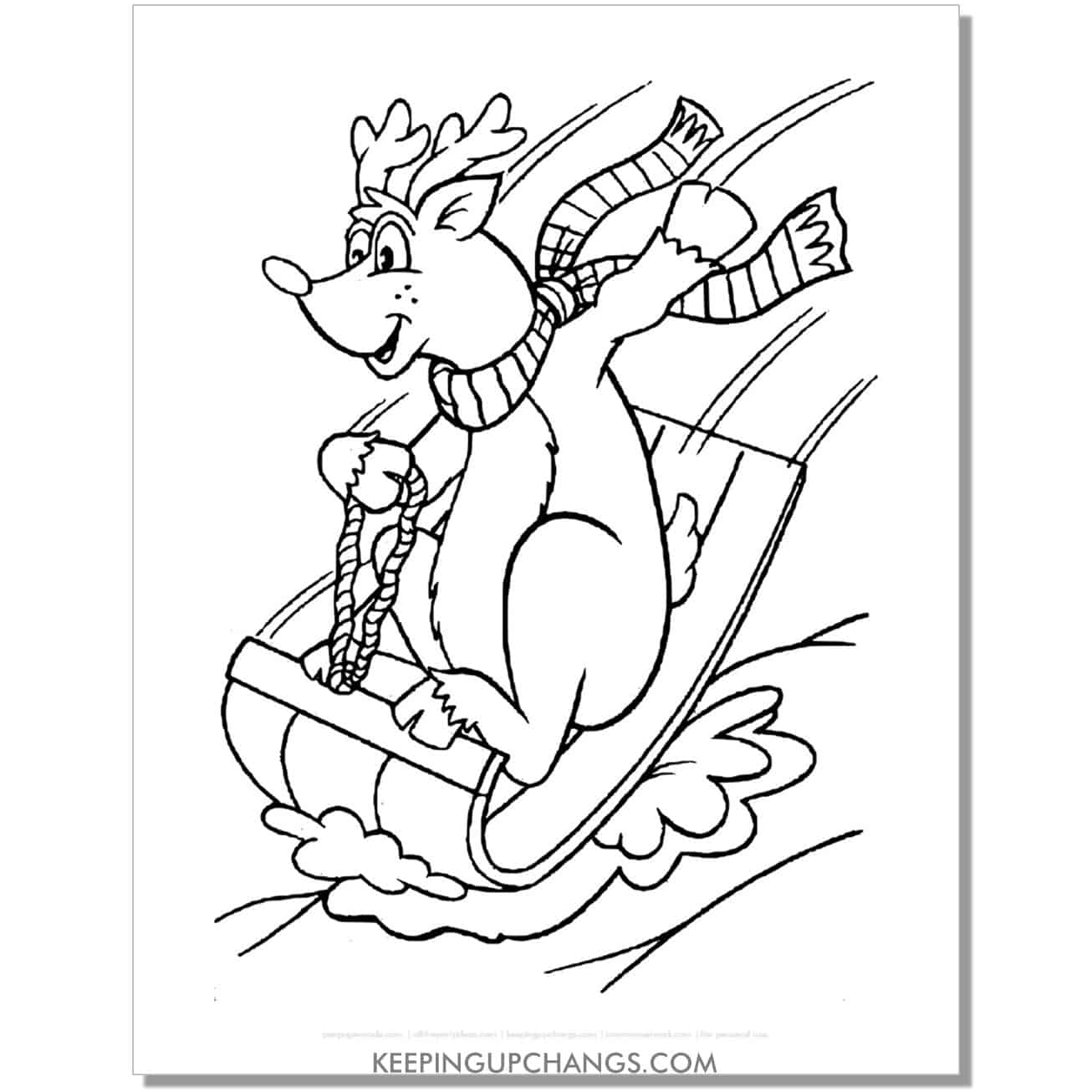 free reindeer riding on sled coloring page.