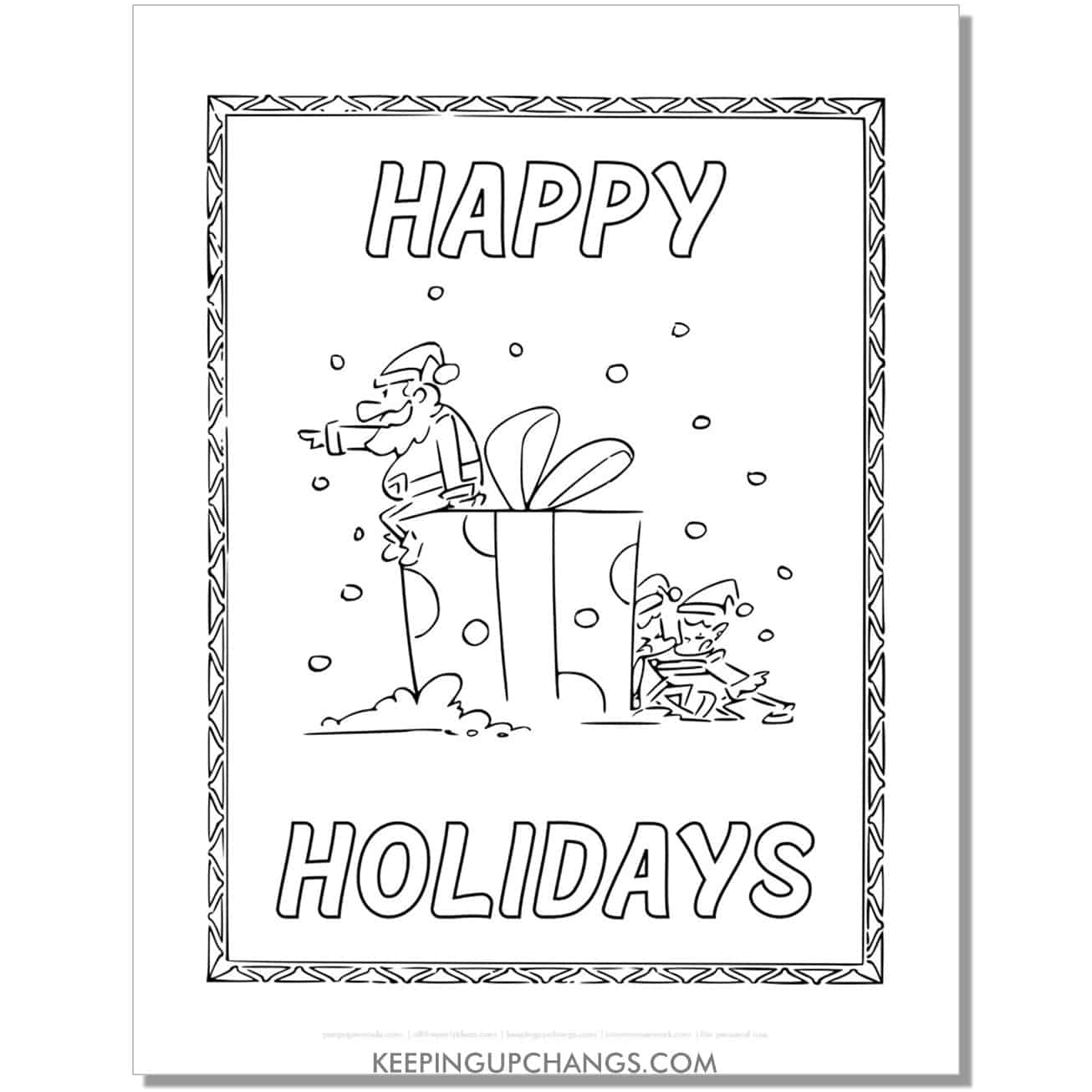 free happy holidays santa being pushed by elves coloring page.