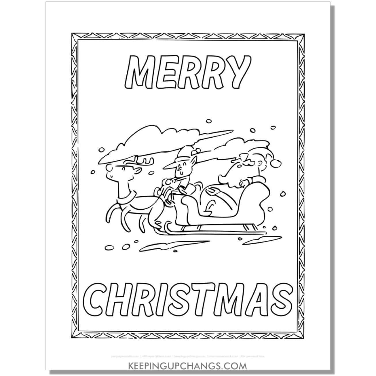 free merry christmas santa, elf, reindeer in sleigh coloring page.
